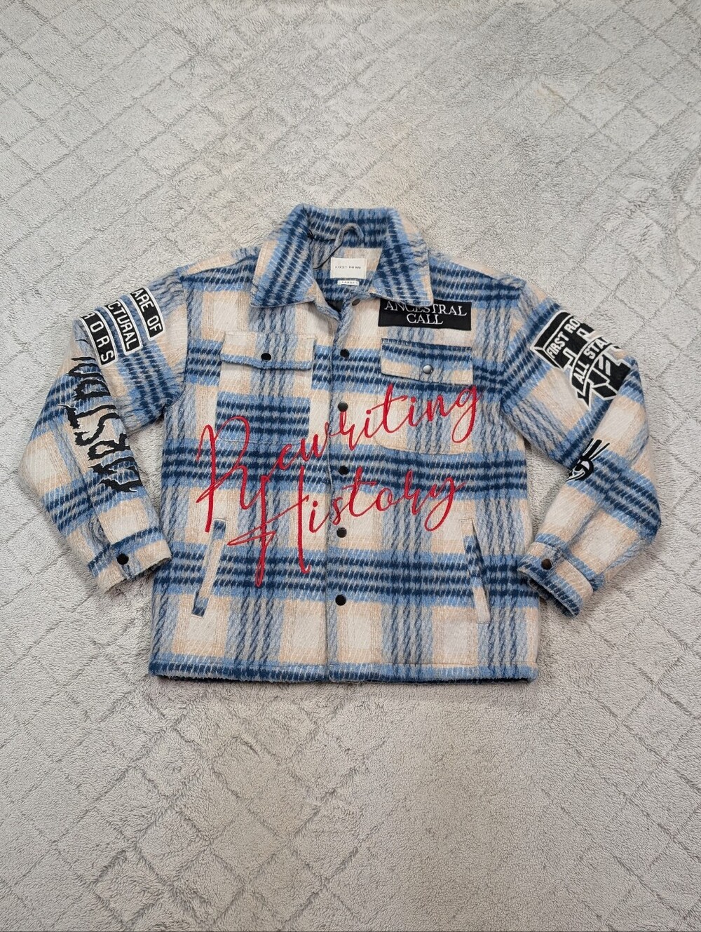 First Row Jacket Mens L Blue Plaid Ancestral Call Shacket Patches Streetwear